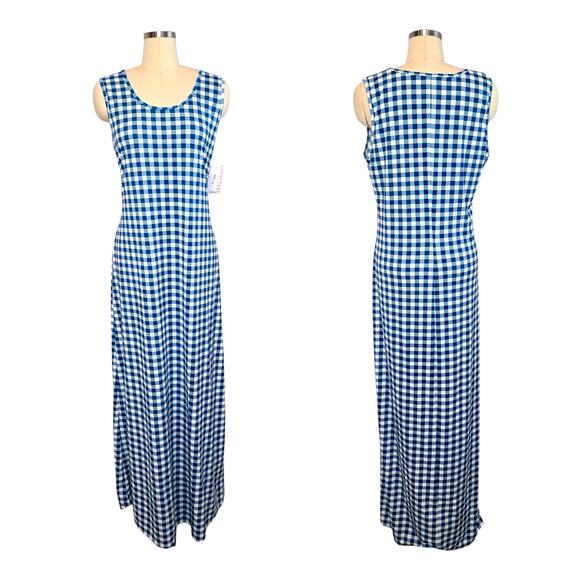 LuLaRoe Dani Tank Dress XL Blue White Gingham Scuba Maxi Summer Picnic Retro - Picture 2 of 8